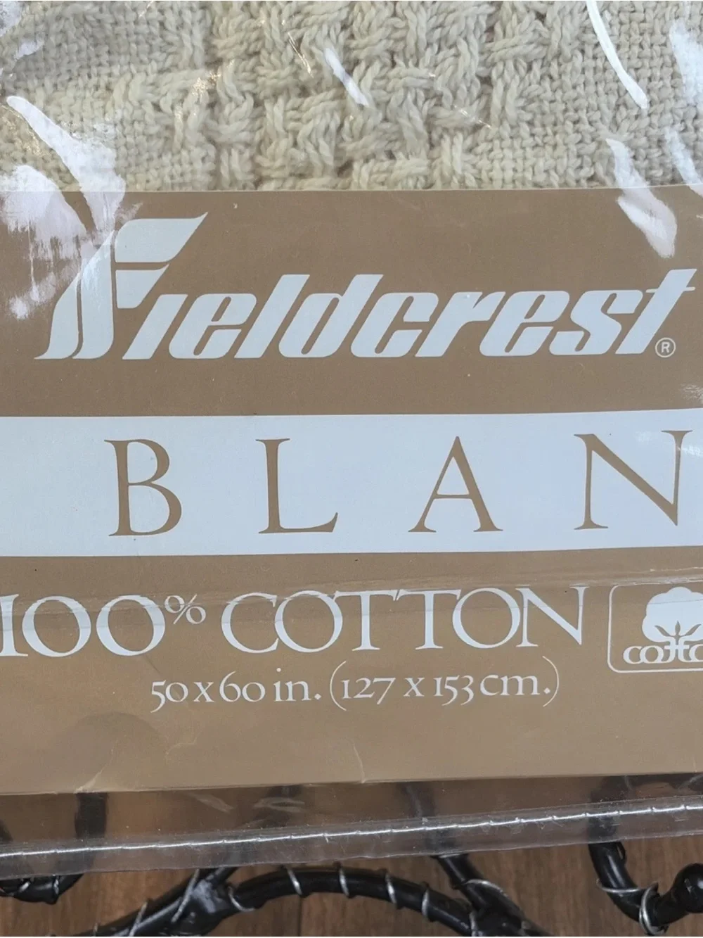 VTG Fieldcrest Lap Blanket Throw Loom Woven Fringed Ends 100% Cotton Cream 50x60